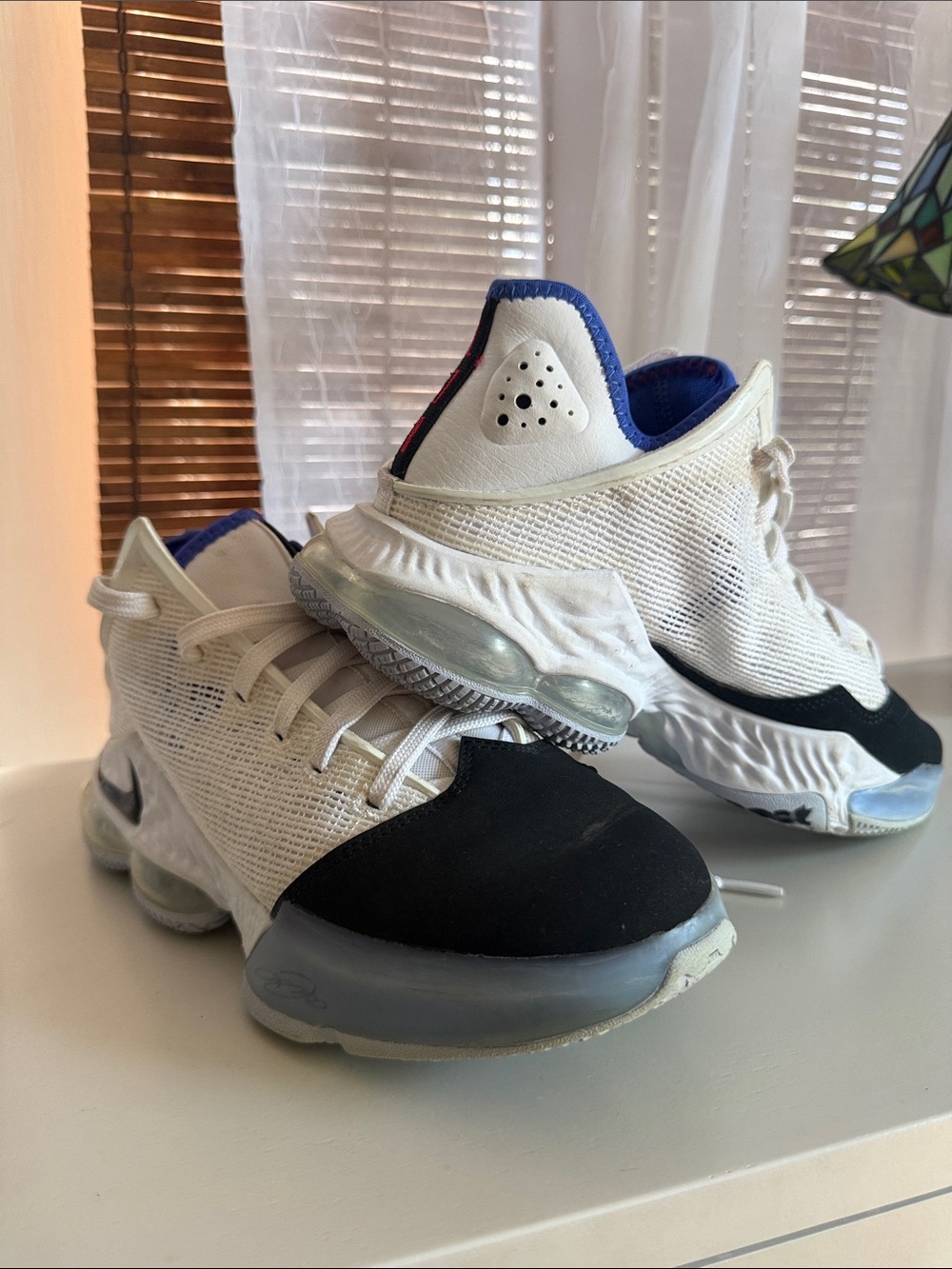 White Sneakers with Black Toe and Blue Lining LeBron James